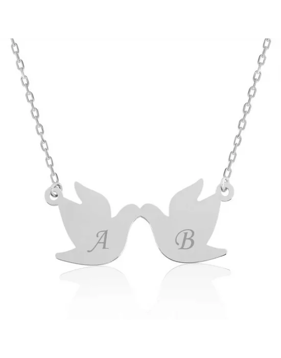 Gümüş Çifte Kumrular Harf Yazılı Kolye