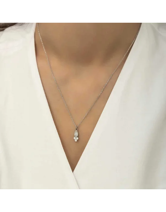 Gümüş Çiğ Damlası Mekik Tektaş Bayan Kolye