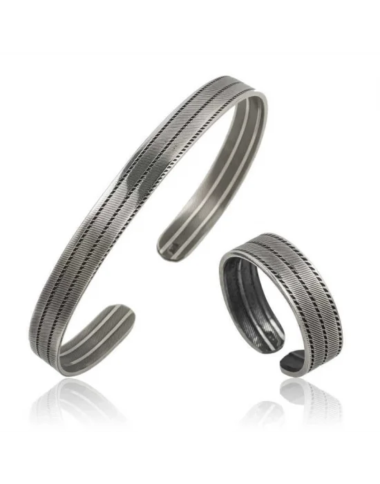 Gümüş Çizgi Desenli Bileklik Ve Yüzük Set