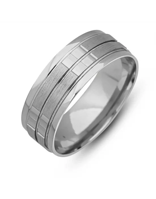 Gümüş Çizgi Desenli Rodyum Alyans