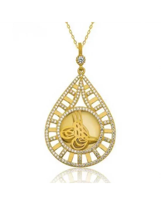 Gümüş Damla Tuğralı Altın Kaplama Bayan Kolye