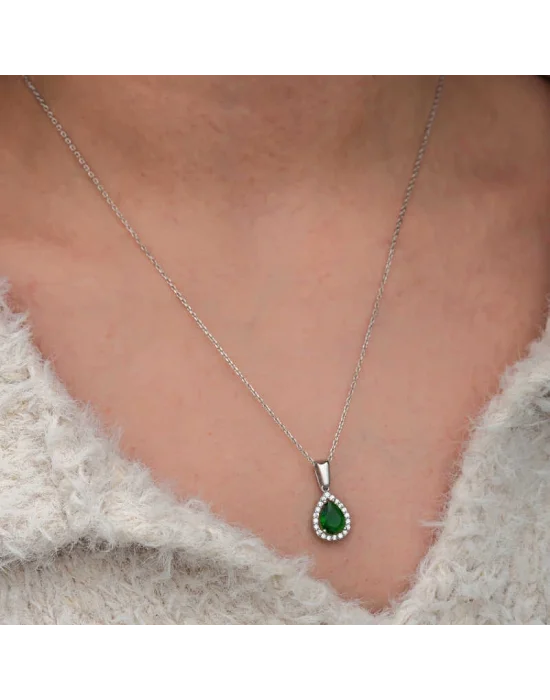 Gümüş Damla Zümrüt Taşlı Kadın Kolye