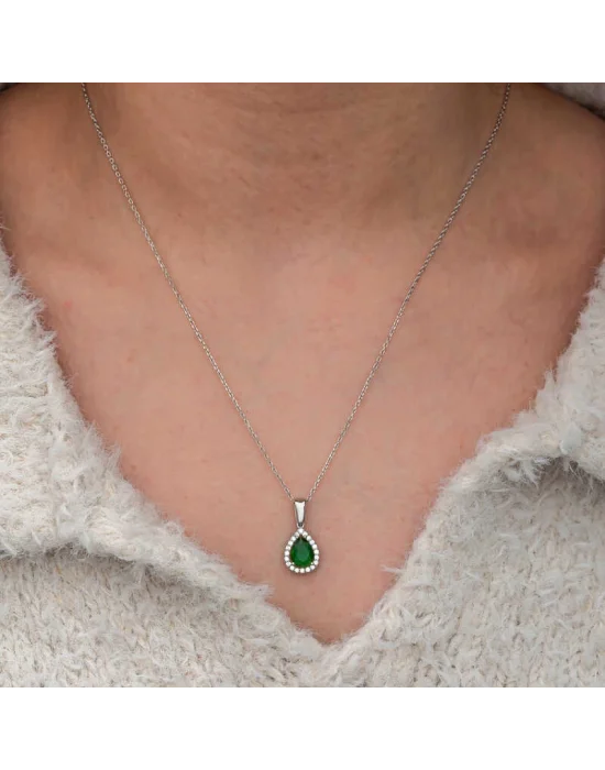 Gümüş Damla Zümrüt Taşlı Kadın Kolye