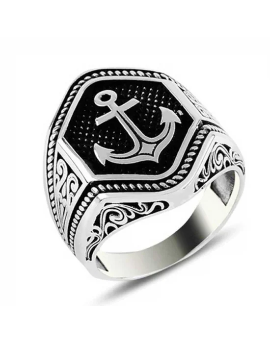 Gümüş Deniz Çapası Armalı Erkek Yüzük