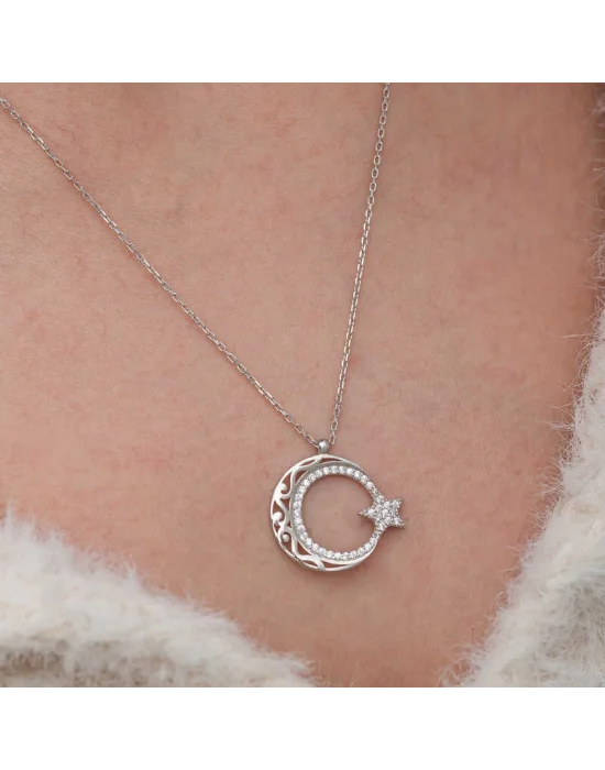 Gümüş Desenli Ay Yıldız Kadın Kolye