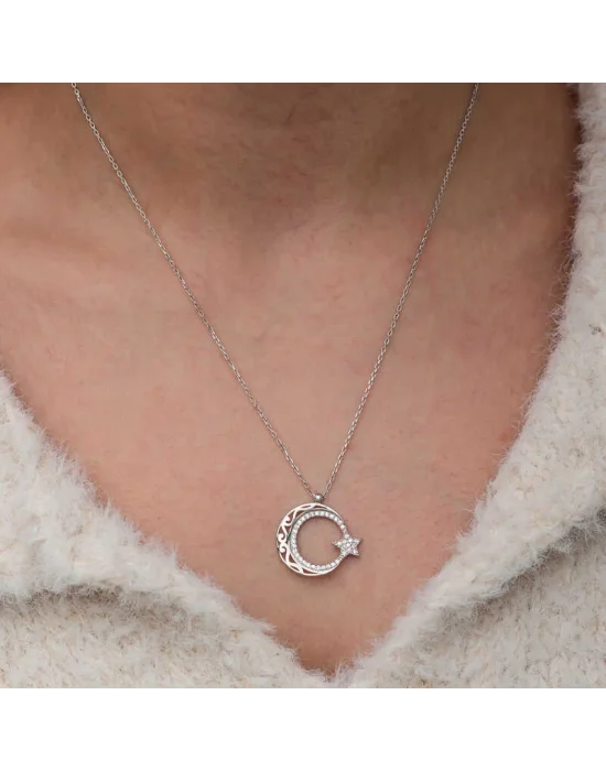 Gümüş Desenli Ay Yıldız Kadın Kolye