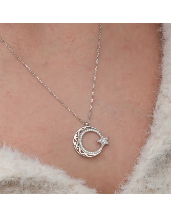 Gümüş Desenli Ay Yıldız Kadın Kolye