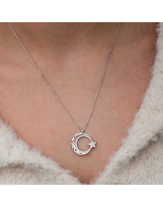 Gümüş Desenli Ay Yıldız Kadın Kolye