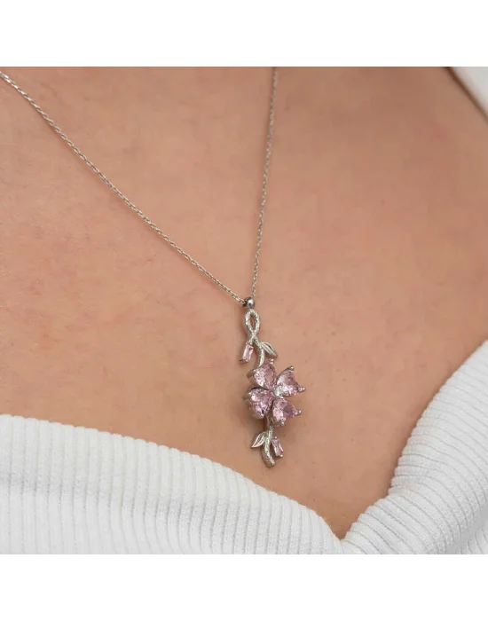 Gümüş Dönen Pembe Yonca Kadın Kolye