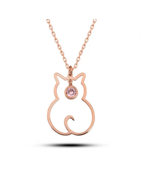 Gümüş Ekim Ayı Doğum Taşı Kedi Kadın Kolye