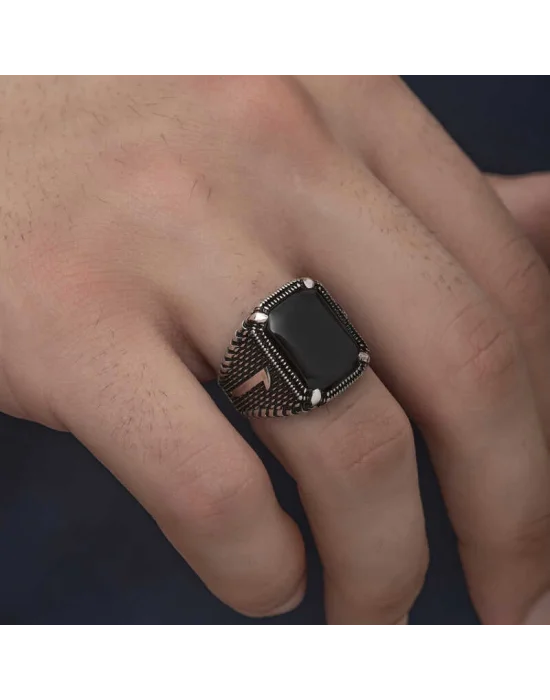 Gümüş Elif Oniks Erkek Yüzük
