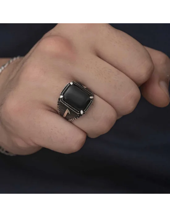 Gümüş Elif Oniks Erkek Yüzük