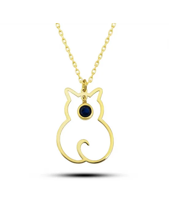 Gümüş Eylül Ayı Doğum Taşı Kedi Kadın Kolye