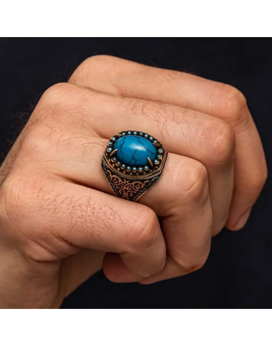 Gümüş Firuze Taşlı Erkek Yüzük