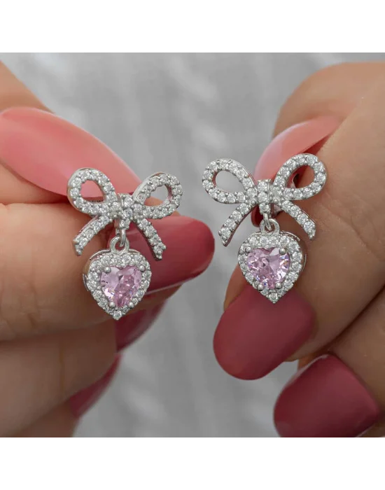 Gümüş Fiyonk Pembe Taşlı Kalpli Çivili Kadın Küpe