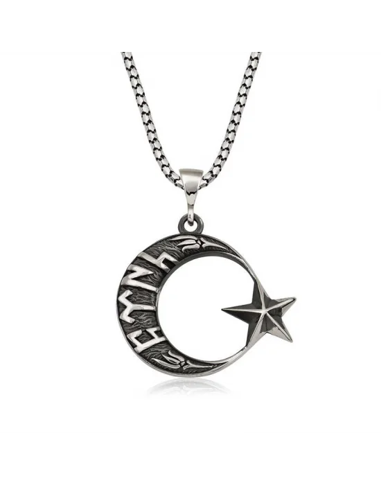 Gümüş Göktürkçe Türk Yazılı Ay Yıldız Erkek Kolye