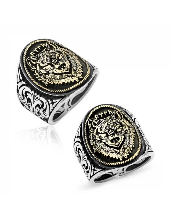 Gümüş Göktürkçe Türk Yazılı Kurt Kafası Erkek Yüzük