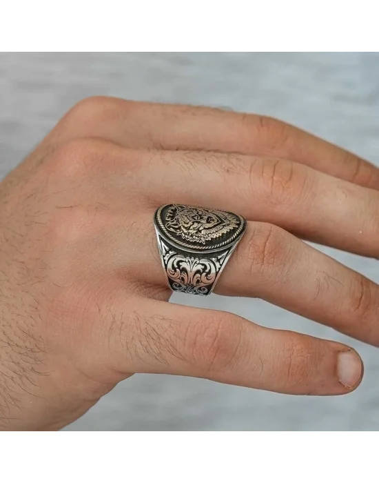 Gümüş Göktürkçe Türk Yazılı Kurt Kafası Erkek Yüzük