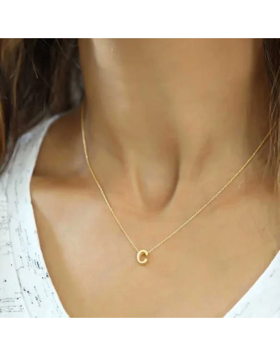 Gümüş Gold 3 Boyutlu C Harf Bayan Kolye
