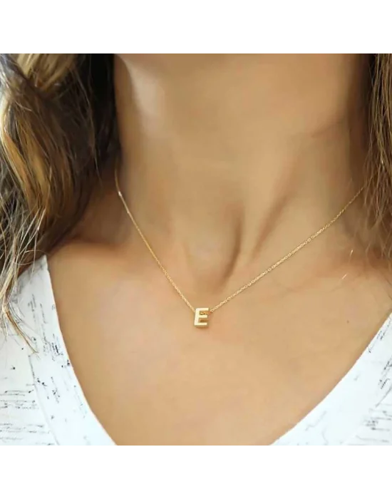 Gümüş Gold 3 Boyutlu E Harf Bayan Kolye