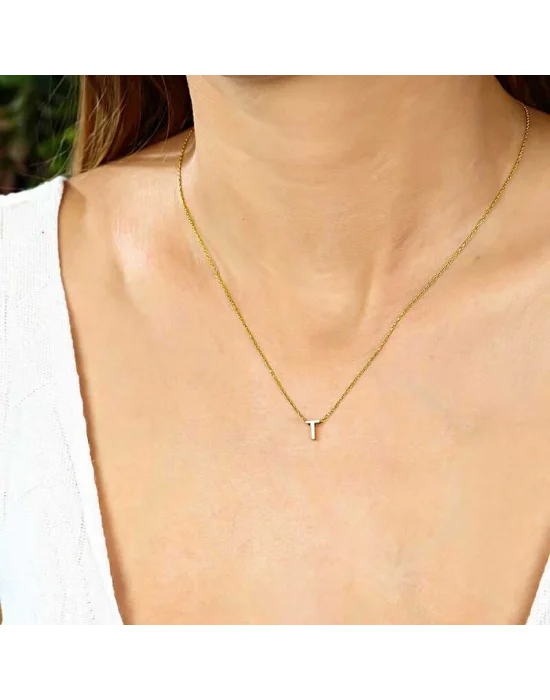 Gümüş Gold 3 Boyutlu T Harf Bayan Kolye