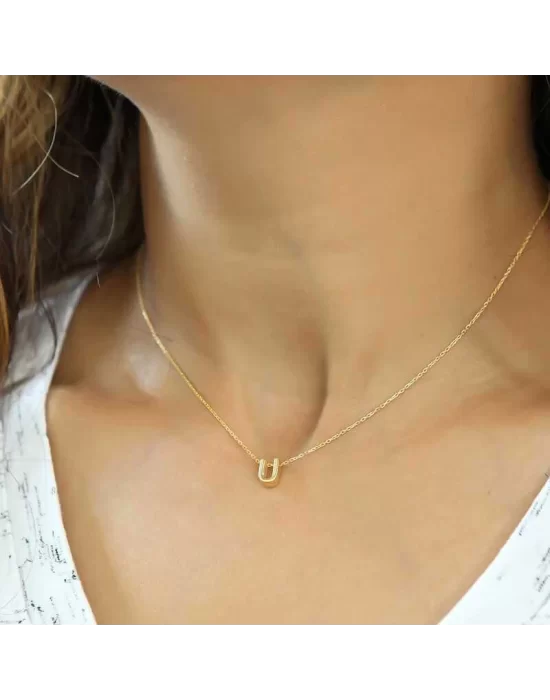 Gümüş Gold 3 Boyutlu U Harf Bayan Kolye