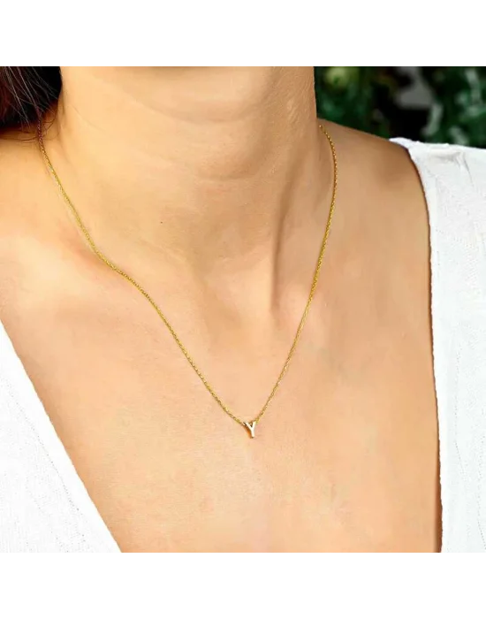Gümüş Gold 3 Boyutlu Y Harf Bayan Kolye