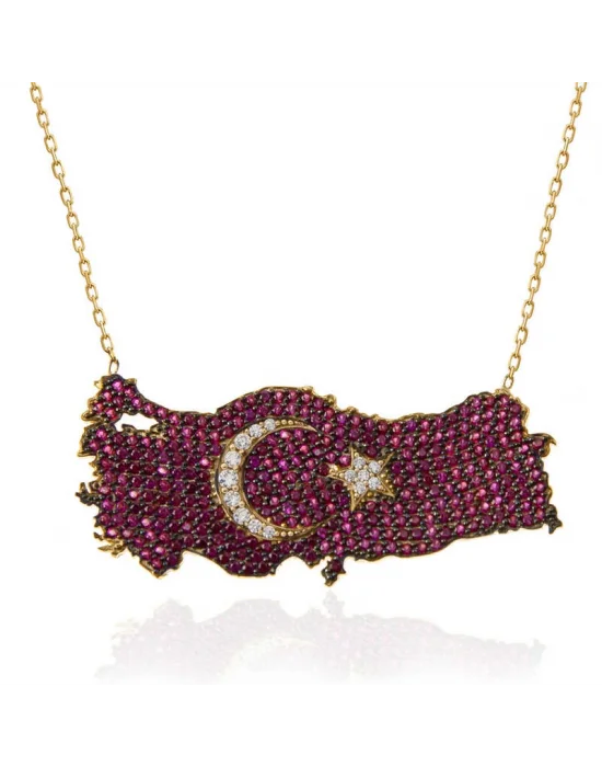 Gümüş Gold Ay Yıldız Türkiye Haritası Kadın Kolye