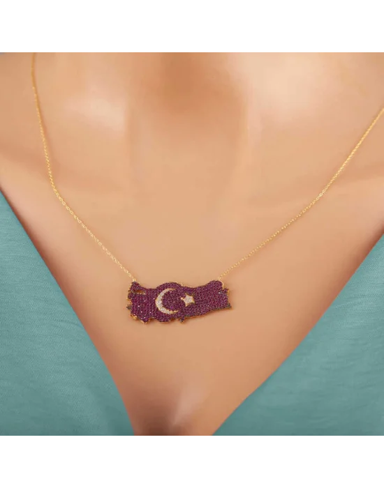 Gümüş Gold Ay Yıldız Türkiye Haritası Kadın Kolye