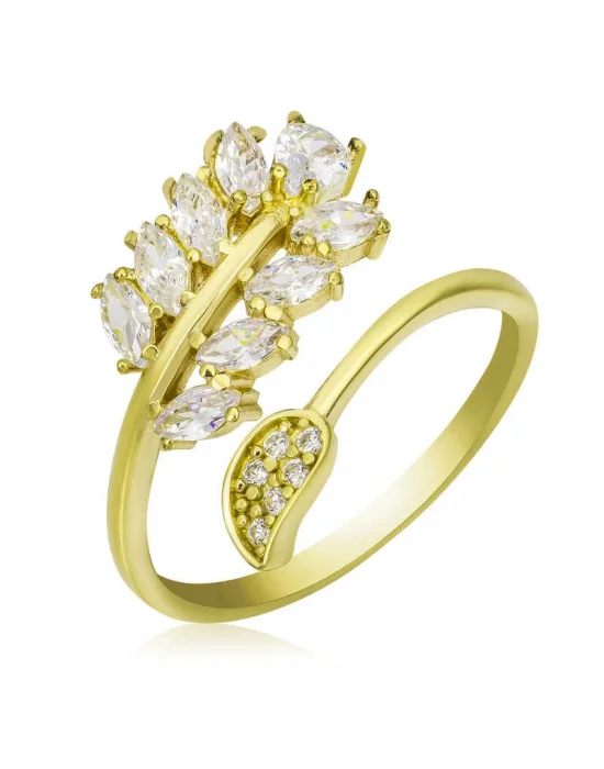 Gümüş Gold Ayarlanabilir Beyaz Taşlı Yaprak Kadın Yüzük