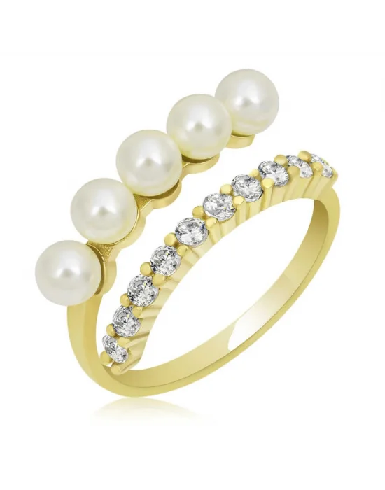 Gümüş Gold Ayarlanabilir İnci Taşlı Kadın Yüzük