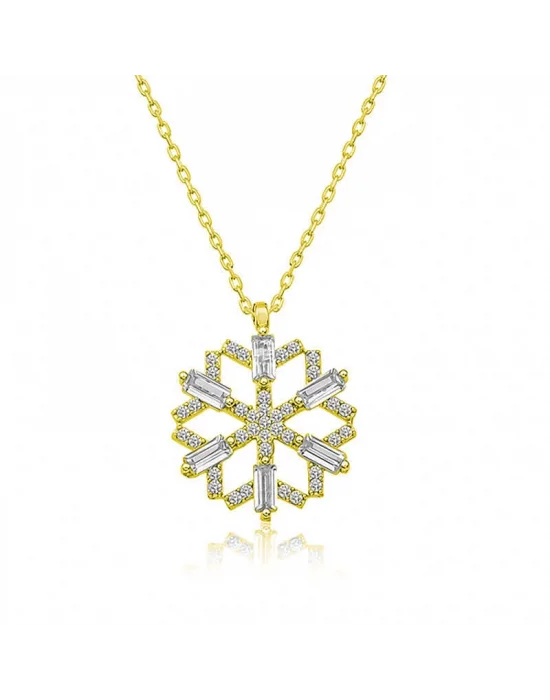 Gümüş Gold Baget Taşlı Kar Tanesi Kolye