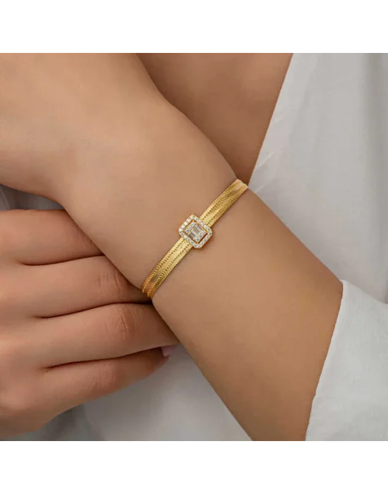 Gümüş Gold Baget Taşlı Trabzon Hasır Kadın Bileklik