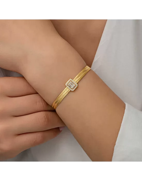 Gümüş Gold Baget Taşlı Trabzon Hasır Kadın Bileklik