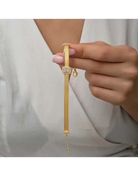 Gümüş Gold Baget Taşlı Trabzon Hasır Kadın Bileklik