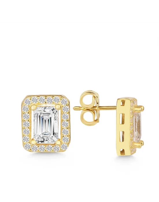 Gümüş Gold Beyaz Baget Taşlı Çivili Kadın Küpe