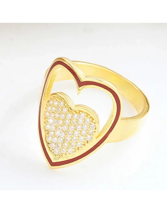 Gümüş Gold Beyaz Taşlı Kalpli Kadın Yüzük