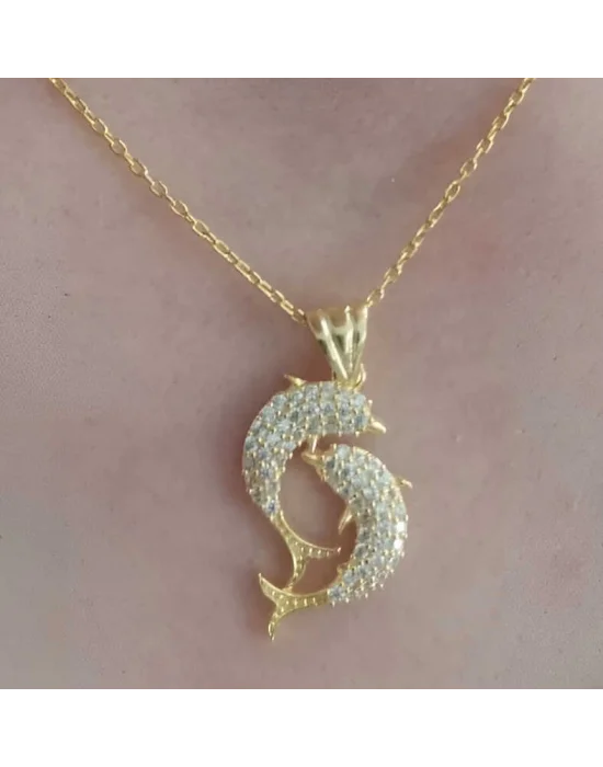 Gümüş Gold Çift Yunus Balığı Kadın Kolye
