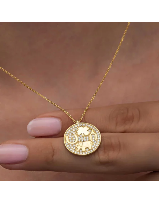 Gümüş Gold Fil Motifli Şans Kadın Kolye