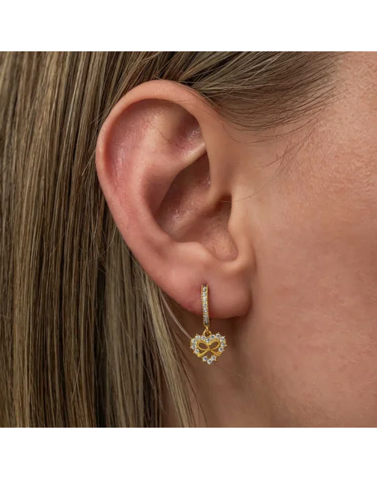 Gümüş Gold Kalp Kurdele Sallantılı Kadın Küpe