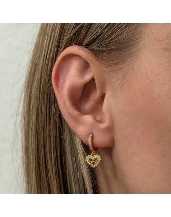 Gümüş Gold Kalp Kurdele Sallantılı Kadın Küpe