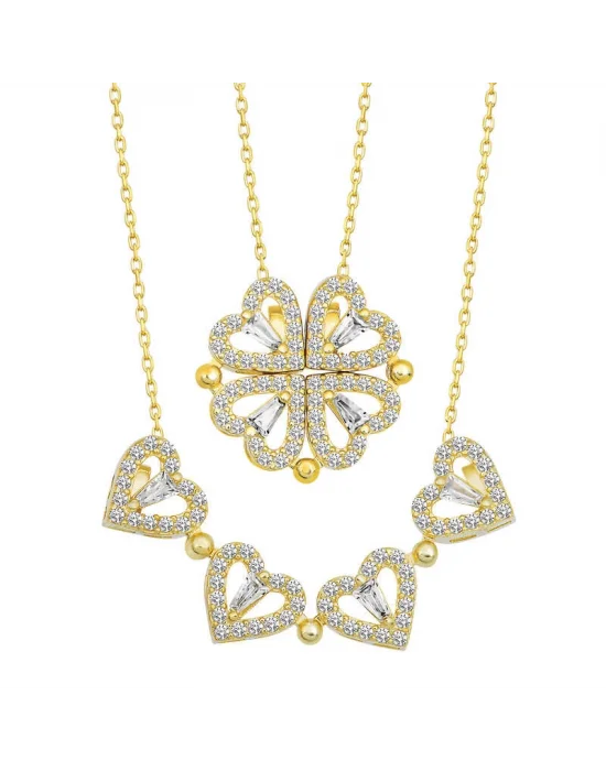 Gümüş Gold Kalpli Açılabilen Yonca Kadın Kolye