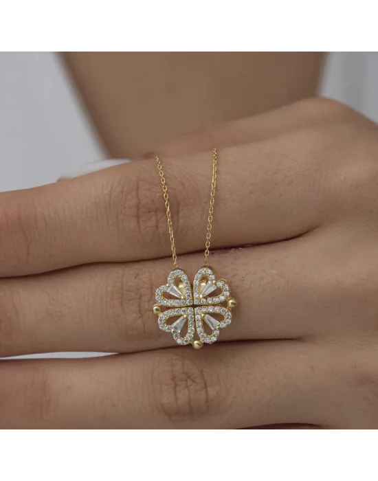 Gümüş Gold Kalpli Açılabilen Yonca Kadın Kolye