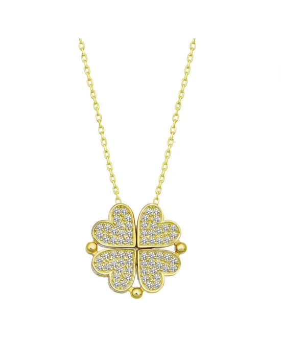 Gümüş Gold Kalpli Açılabilen Yonca Kadın Kolye