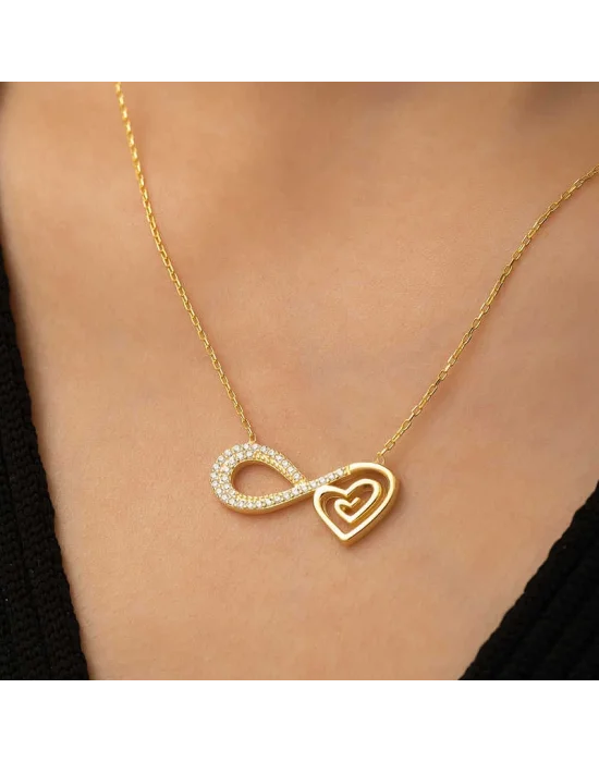 Gümüş Gold Kalpli Sonsuzluk Kolye