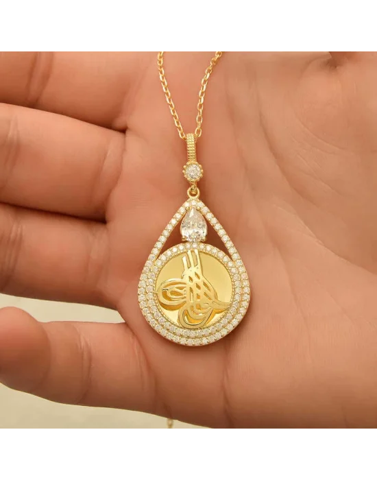 Gümüş Gold Kaplama Damla Tuğralı Kadın Kolye
