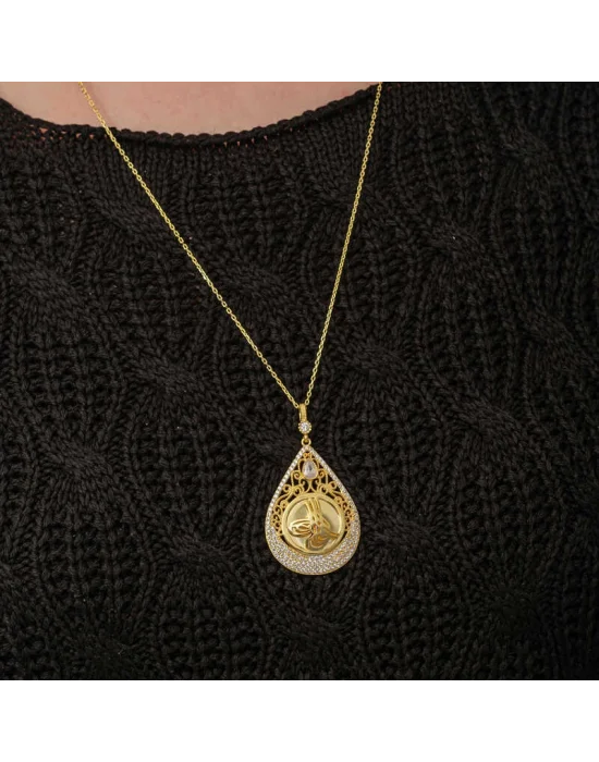 Gümüş Gold Kaplama Damla Tuğralı Kadın Kolye