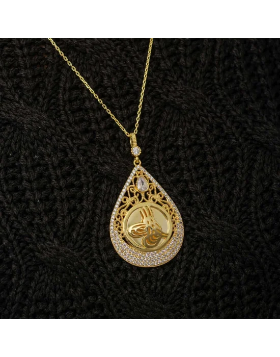 Gümüş Gold Kaplama Damla Tuğralı Kadın Kolye