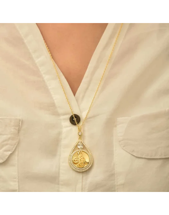 Gümüş Gold Kaplama Damla Tuğralı Kadın Kolye