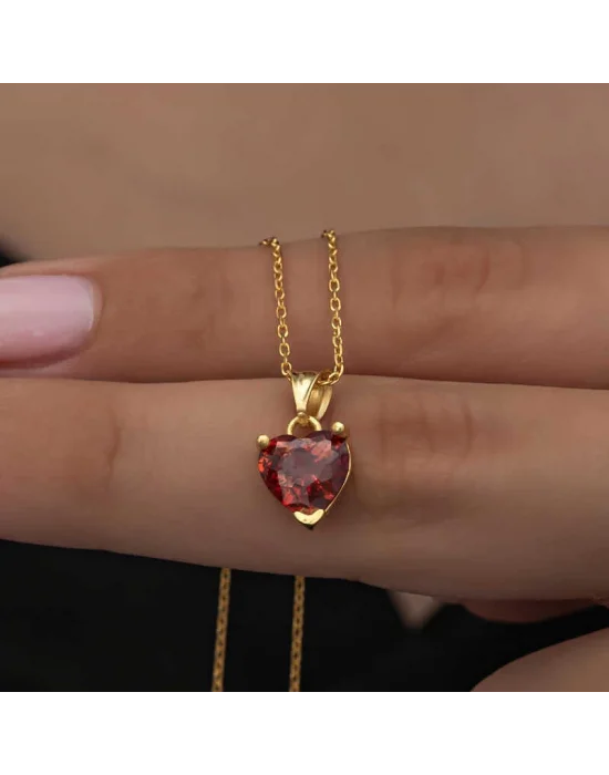 Gümüş Gold Kırmızı Taşlı Kalpli Kadın Kolye